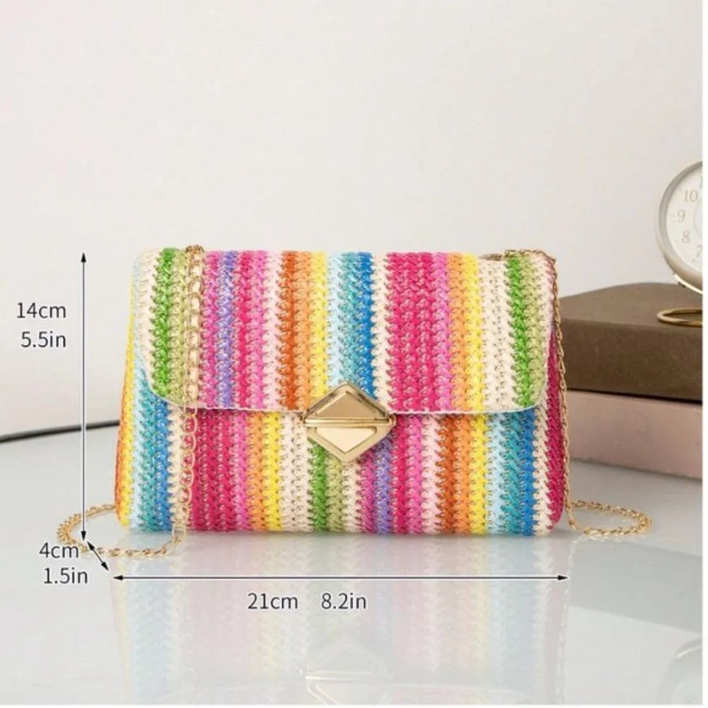 Color Block Straw Bag Metal Decor Chain Strap - Picture 4 of 5